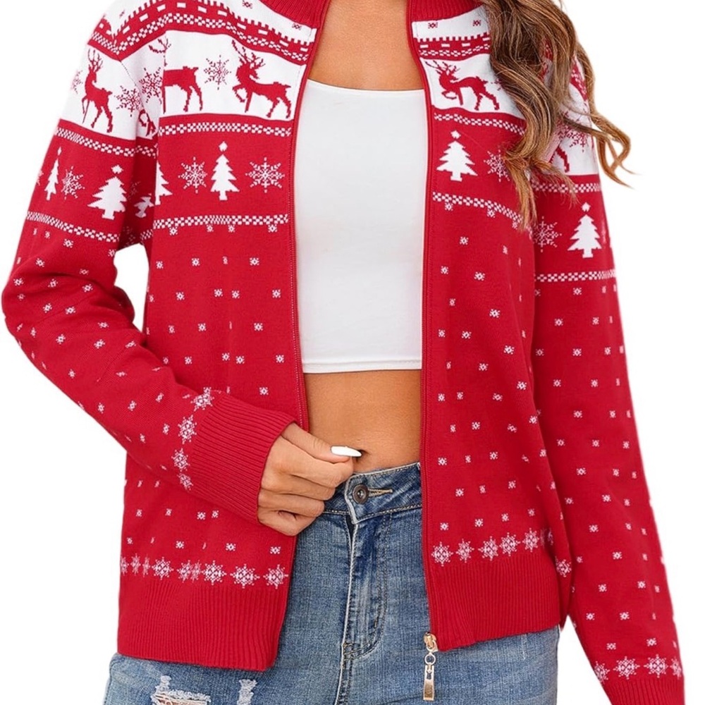 Charming Red Cardigan with Reindeer Design